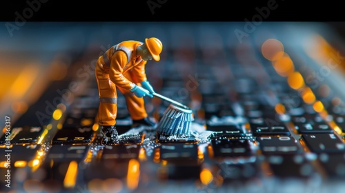 A miniature toy man dressed in a work uniform meticulously cleaning a laptop keyboard using a small brush in a tilt-shift photography style, with a brutalist and deconstructive background that