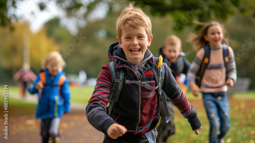 Happy Boy Running Through Park With Backpack on Autumn Day