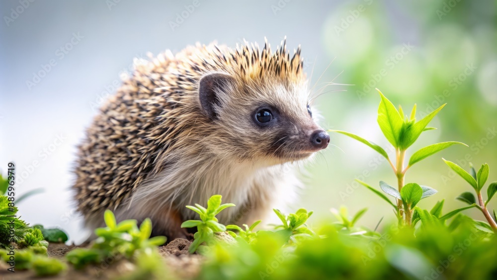 Small, spiky, solitary hedgehog standing on a white background, surrounded by soft, blurred greenery, looking curious and adorable alone. Small, spiky, solitary hedgehog standing on a white background, surrounded by soft, blurred greenery, looking curious and adorable alone.