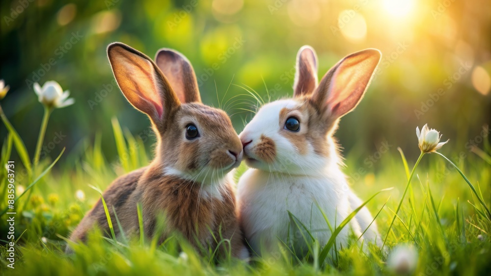 Adorable white and brown rabbits with long ears and bright eyes playfully interacting in a lush green meadow setting. Adorable white and brown rabbits with long ears and bright eyes playfully interacting in a lush green meadow setting.