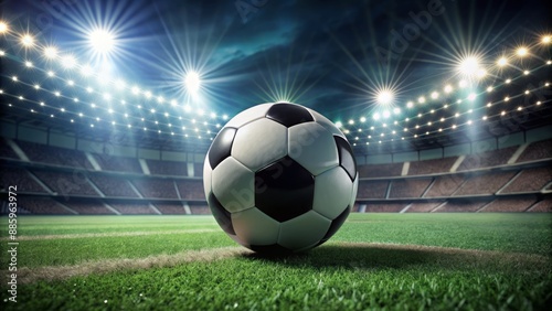 A solitary, classic black and white soccer ball rests on the lush green grass of a dimly lit, spotlit stadium.