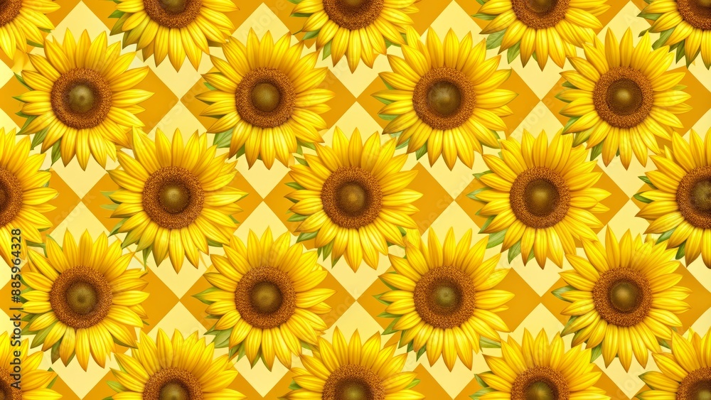 Vibrant yellow sunflowers bloom against a bright yellow checkered background, repeating seamlessly in a stunning geometric pattern design. Vibrant yellow sunflowers bloom against a bright yellow checkered background, repeating seamlessly in a stunning geometric pattern design.