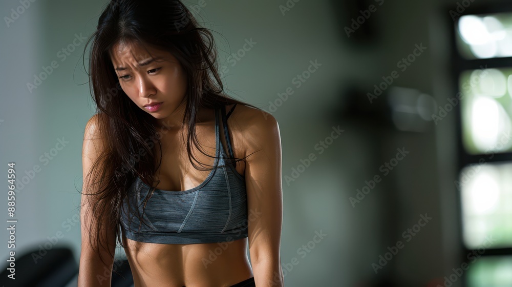 Asian woman with a frown, scratching her lower abdomen, realistic photography Asian woman with a frown, scratching her lower abdomen, realistic photography
