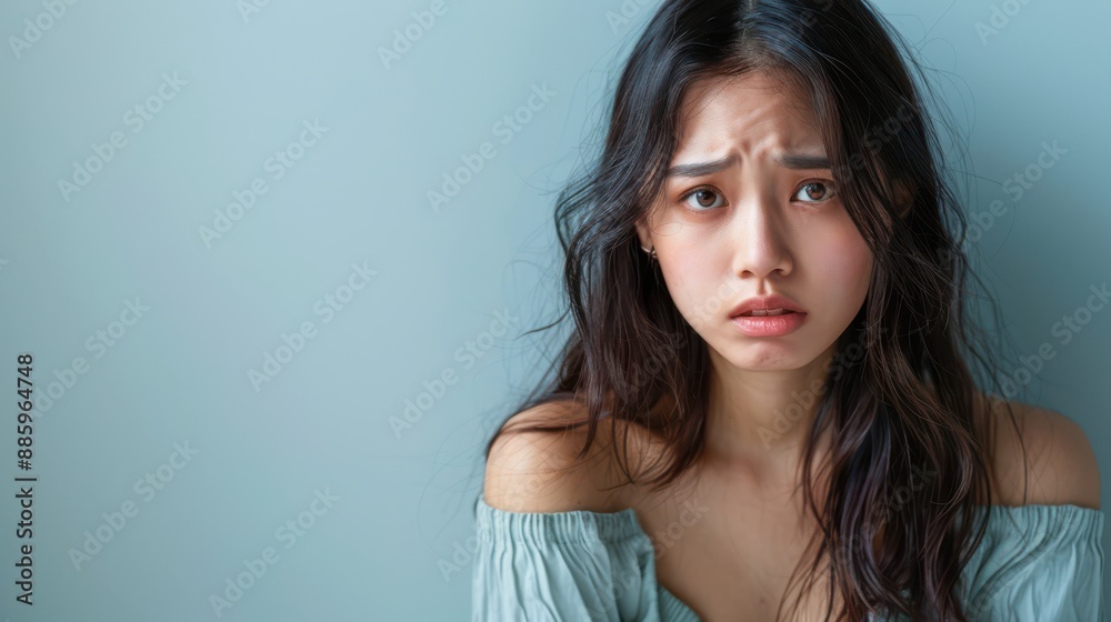 Asian woman with a worried look, scratching her lower body, realistic photo Asian woman with a worried look, scratching her lower body, realistic photo