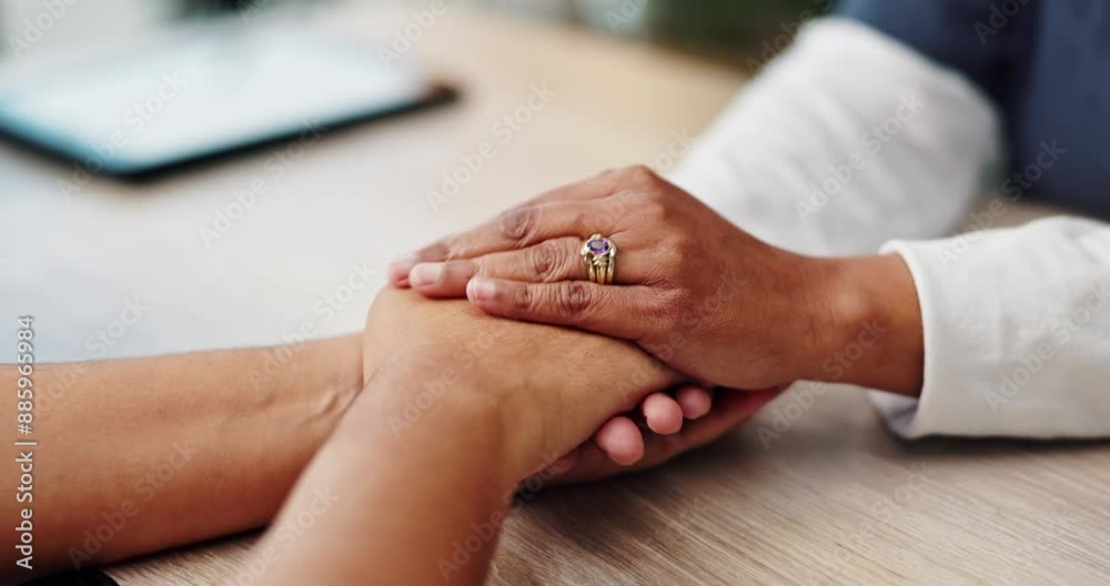 Woman, doctor and holding hands for support with patient, healthcare trust and empathy in clinic. People, compassion and counselling with kindness for love, respect and medical help for mental health Woman, doctor and holding hands for support with patient, healthcare trust and empathy in clinic. People, compassion and counselling with kindness for love, respect and medical help for mental health