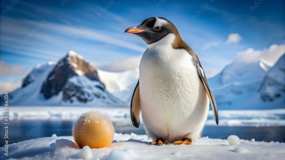Obraz premium Adorable penguin stands guard beside precious egg nestled in snowy Antarctic landscape, feathers ruffled, eyes fixed with devoted intensity.
