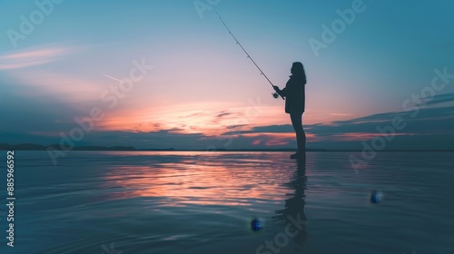 Tranquil Morning Silhouetted Angler Casting Line into Sunrise Embracing Serenity and Nature's Beauty