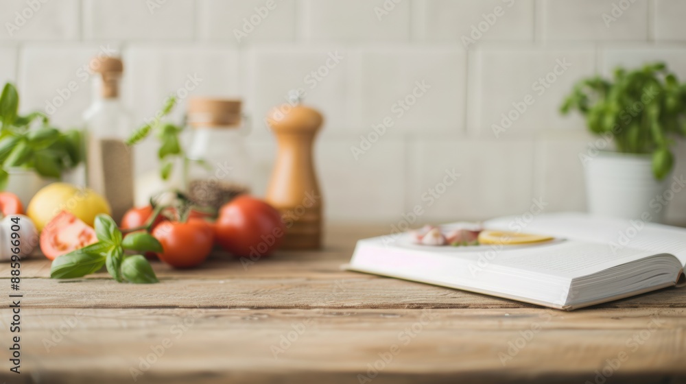 Open cookbook on a rustic wooden table with fresh vegetables, herb, and spice jar in a kitchen setting. Home cooking inspiration and recipe preparation. Open cookbook on a rustic wooden table with fresh vegetables, herb, and spice jar in a kitchen setting. Home cooking inspiration and recipe preparation.