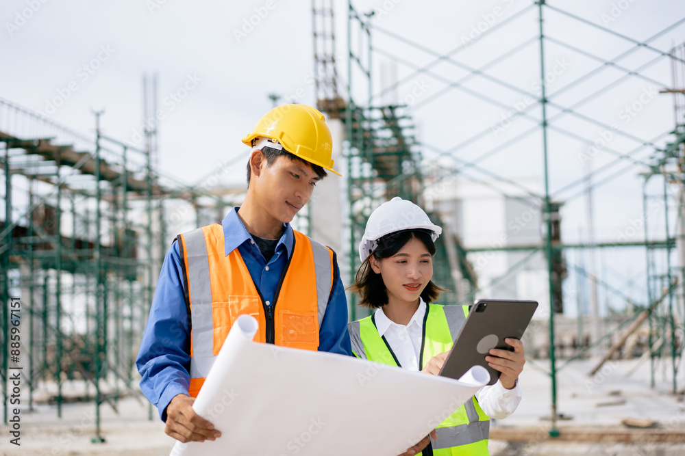 Civil Engineer women and foreman in safety suite use tablet and blueprint collaboration to work inspection building structure on factory construction site, contractor, development real estate concept