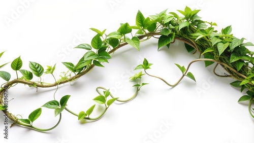 Coiled snaking tendrils of wild jungle liana vine sprawl across white isolated background, forming a sinuous pathway through dense foliage. photo