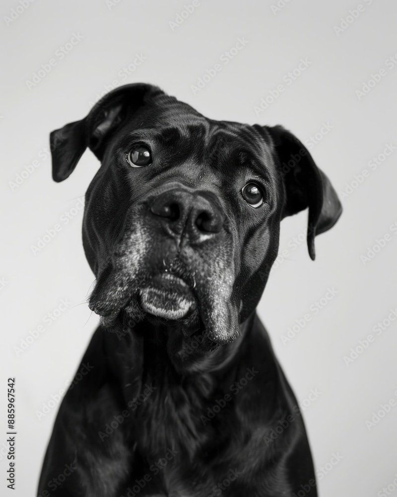 Dog looking up at camera in black and white photo for pet lovers and animal enthusiasts Dog looking up at camera in black and white photo for pet lovers and animal enthusiasts