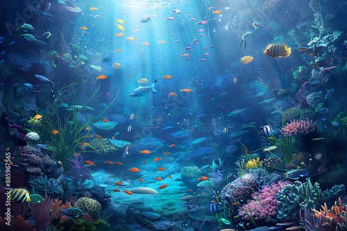 Amazing underwater world with a huge variety of fish, generated by ai