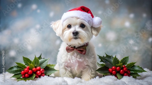 Adorable small white dog with red Santa hat and black collar sitting on snowy white background with festive holly leaves.