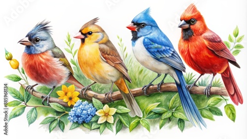 Vibrant collection of realistic watercolor birds including red cardinal, eastern bluebird, goldfinch, robin, and more on a white background.