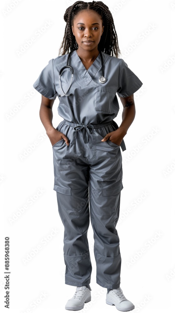 Woman Certified nursing assistant Student gray scrubs uniform Woman Certified nursing assistant Student gray scrubs uniform