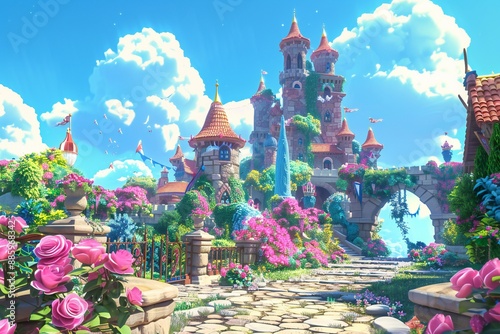 Fairytale adventure with a princess exploring enchanted castles and meeting fantastical creatures in a colorful 3D kingdom  , generated by ai photo