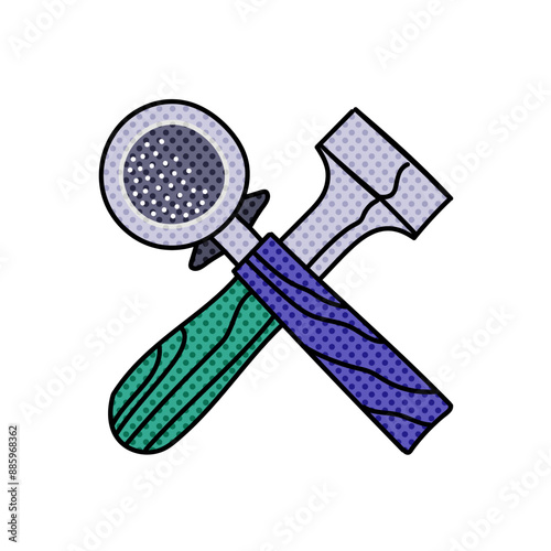 coffee tamper and portafilter halftone hand drawn  color vector illustration