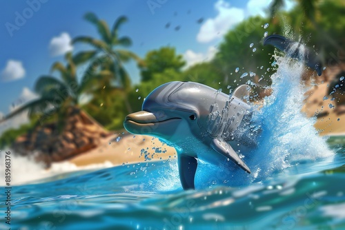Beach adventure game with a playful dolphin exploring the ocean and playing with friends in a vivid 3D beach setting , generated by ai