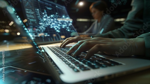 Close-up of hands working on a laptop at night, with digital maps in the background, set in a futuristic office.