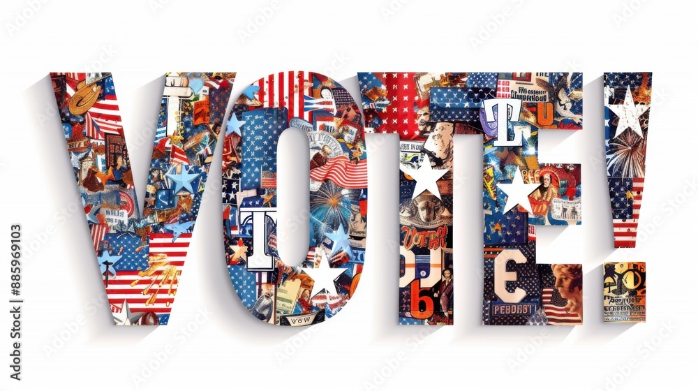 The word Vote! with each letter made of patriotic symbols such as the American flag for V, a white star on a blue background for O, an eagle for T, and fireworks for E, all in a feminine aesthetic The word Vote! with each letter made of patriotic symbols such as the American flag for V, a white star on a blue background for O, an eagle for T, and fireworks for E, all in a feminine aesthetic