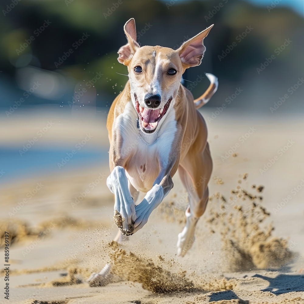 Purebred active tiger-color with white markings whippet running outdoors with full extension on the sand beach on sunny summer day. Pedigreed speedy fast smooth haired whippet catching the owner Purebred active tiger-color with white markings whippet running outdoors with full extension on the sand beach on sunny summer day. Pedigreed speedy fast smooth haired whippet catching the owner