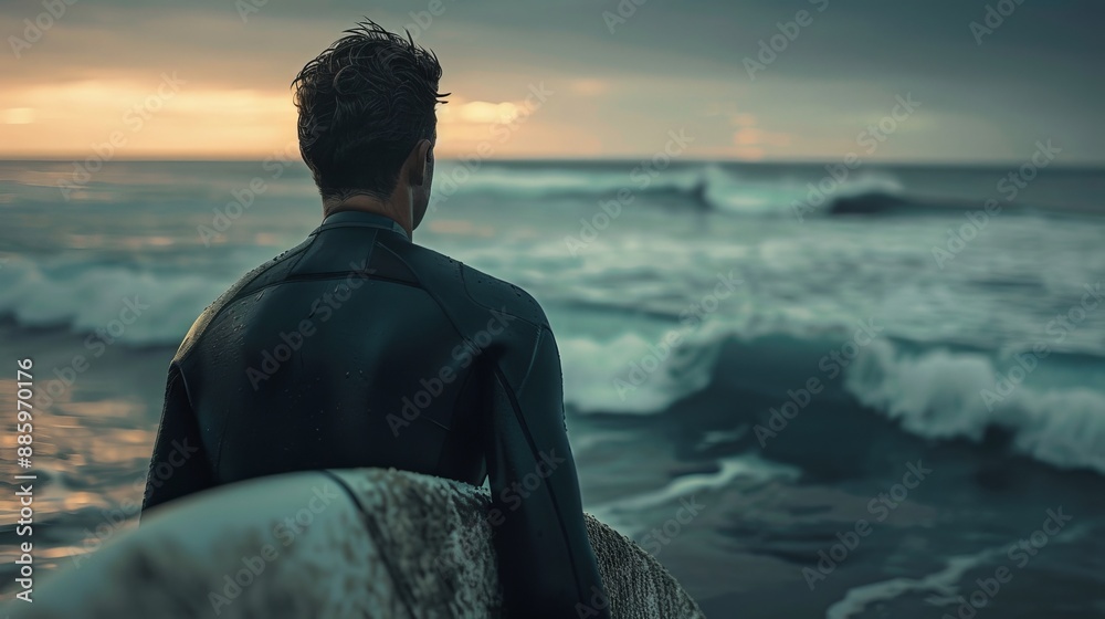 Fototapeta premium Surfer's Solitude Awaiting the Perfect Wave Embracing the Ocean's Call with Surfboard in Hand