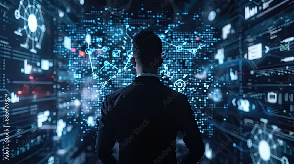 AI technology in business analytics, data analyst visualizing complex data networks for financial insights. AI technology in business analytics, data analyst visualizing complex data networks for financial insights.