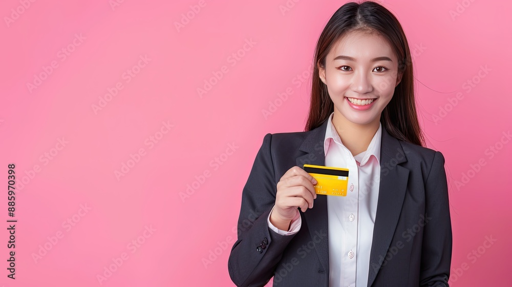 Asian businesswoman in suit smiling, holding credit card for online payment, isolated on pink background. Asian businesswoman in suit smiling, holding credit card for online payment, isolated on pink background.
