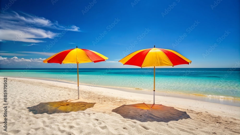 Vibrant orange sun umbrellas stand tall amidst serene beachscape with gentle waves, soft sand, and clear blue summer sky backdrop. Vibrant orange sun umbrellas stand tall amidst serene beachscape with gentle waves, soft sand, and clear blue summer sky backdrop.