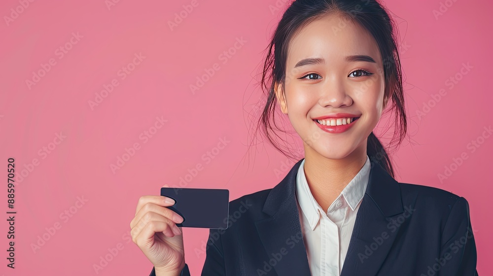 Beautiful young Asian businesswoman in suit smiling, holding credit card for online transaction, pink background. Beautiful young Asian businesswoman in suit smiling, holding credit card for online transaction, pink background.