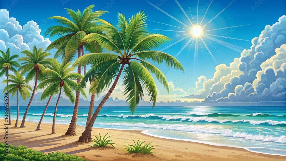 Fototapeta premium Vibrant sunny beach scene with palm trees, blue skies, and turquoise waves in a flat design style illustration, eps file format.