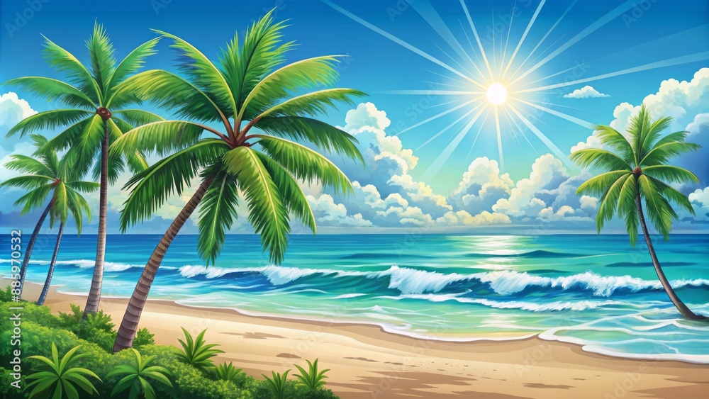 Fototapeta premium Vibrant sunny beach scene with palm trees, blue skies, and turquoise waves in a flat design style illustration, eps file format.
