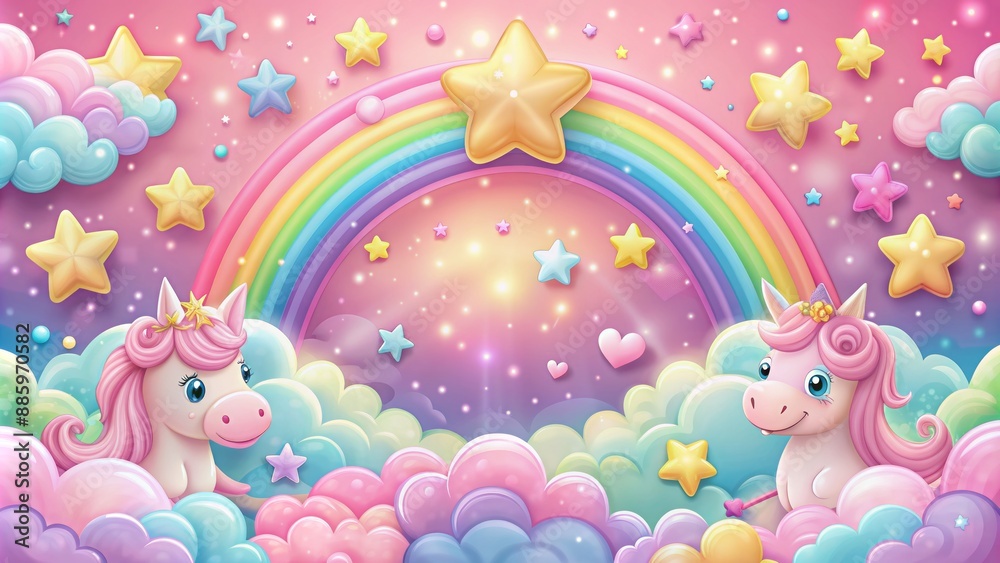 Whimsical fairy tale scene featuring a magical 3D cloud rainbow border, pink background, cute cartoon unicorn, stars, and kawaii pony.