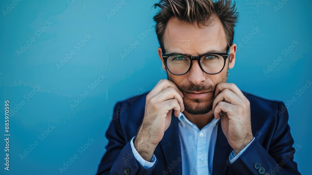 Businessman adjusting his glasses, looking professional and focused, blue backdrop. Businessman adjusting his glasses, looking professional and focused, blue backdrop.