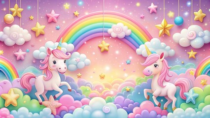 Fototapete Pony Whimsical fairy tale scene featuring a magical 3D cloud rainbow border, pink background, cute cartoon unicorn, stars, and kawaii pony.  © DigitalArt Max