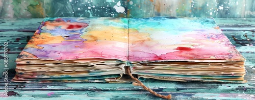 Artsy watercolorthemed journal with artistic splashes, lots of copy space photo