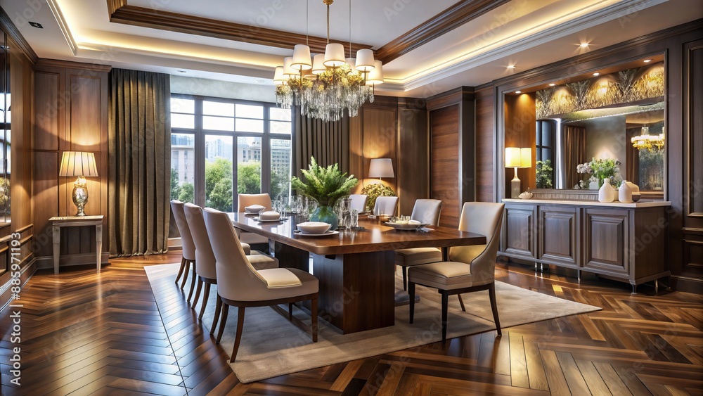 Fototapeta premium Luxurious modern dining room with rich wood flooring, elegant chandelier, and sleek table setting amidst warm, inviting atmosphere.