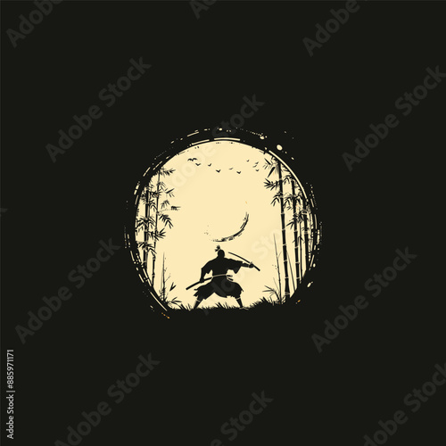 
vector illustration of Ninja, Assassin, Samurai training at night during full moon. Perfect for wallpapers, posters, etc