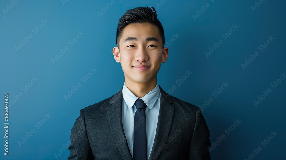 Professional young Asian man in a suit, arms at his sides, smiling, blue backdrop. Professional young Asian man in a suit, arms at his sides, smiling, blue backdrop.