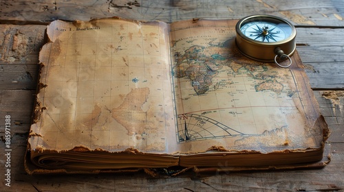 Vintage travelthemed notebook with maps and compass, ample copy space photo