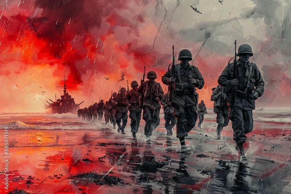 Normandy d day soldiers oil painting with warships and fighter planes under dramatic sky Normandy d day soldiers oil painting with warships and fighter planes under dramatic sky