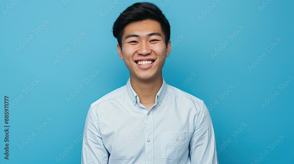 Young Asian professional with arms at his sides, smiling confidently, blue background. Young Asian professional with arms at his sides, smiling confidently, blue background.