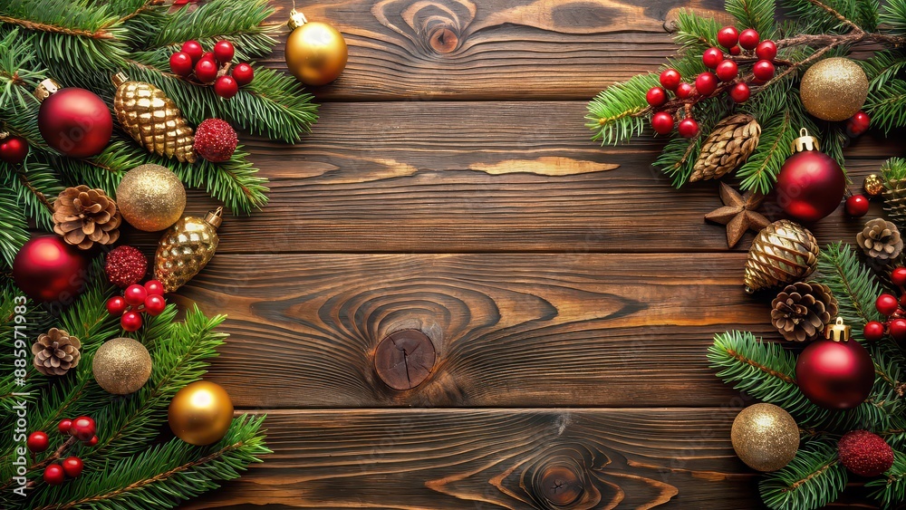 Elegant holiday decorations and ornaments on a festive Christmas border over dark wood , Christmas, border Elegant holiday decorations and ornaments on a festive Christmas border over dark wood , Christmas, border