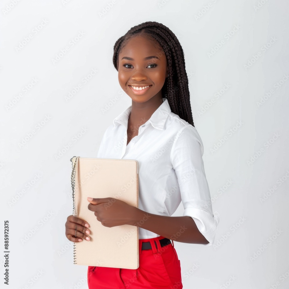 pretty young smiling African student lady, dressed in white shirt over red pants, holding a folder in hand pretty young smiling African student lady, dressed in white shirt over red pants, holding a folder in hand
