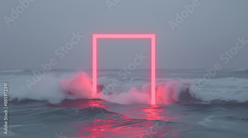 a neon rectangular portal door in a surreal ocean with waving and dramatic weather, abstract other worldly landscape
