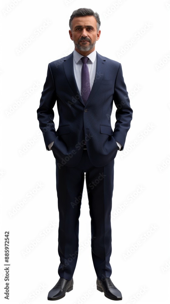 Libyan businessman, wearing an elegant navy blue suit with a purple tie, against Libyan businessman, wearing an elegant navy blue suit with a purple tie, against