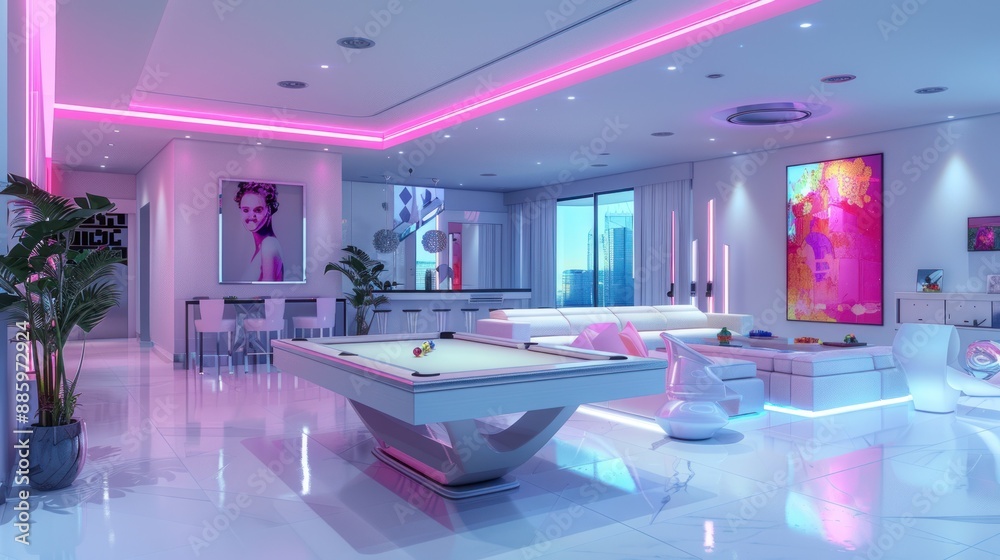 Modern Luxury Living Room with Pool Table and Neon Lights