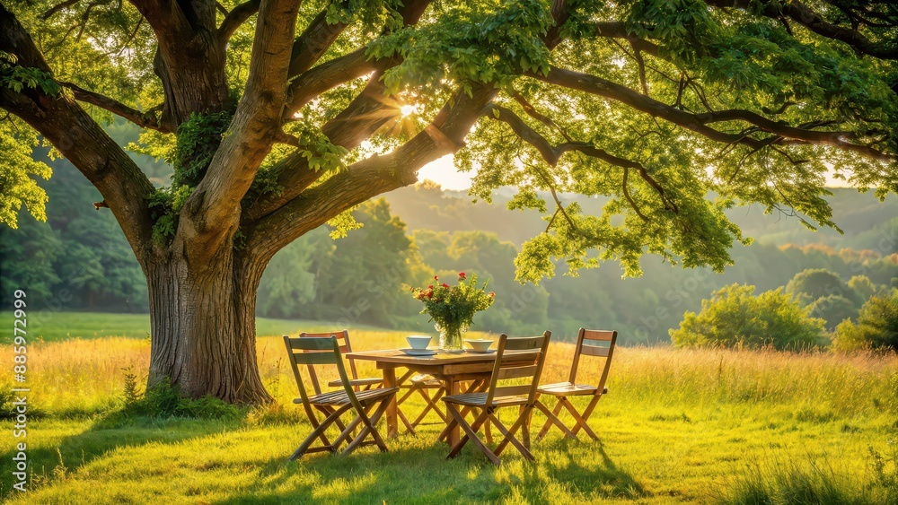 Country scene with a table and chairs under a tree , countryside, rustic, peaceful, outdoor, nature Country scene with a table and chairs under a tree , countryside, rustic, peaceful, outdoor, nature