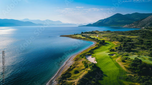A golf course in Greece offers a sea view, with an aerial view of a golf hole on an island surrounded by blue water and mountains.