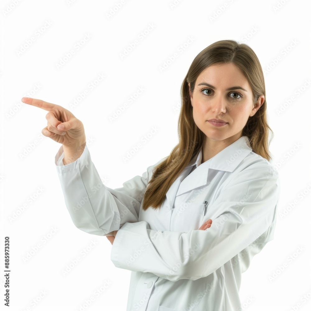 pretty female pharmacist with one hand pointing to something to her side, facing camera pretty female pharmacist with one hand pointing to something to her side, facing camera